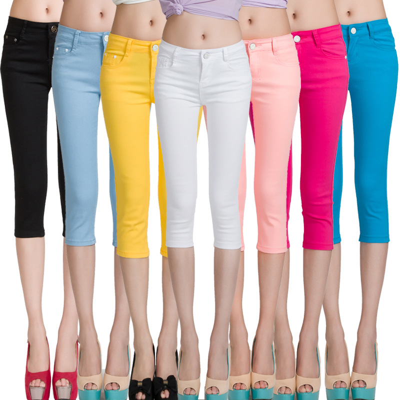 2015韩版显瘦女式夏季弹力彩色七分裤小脚铅笔休闲裤