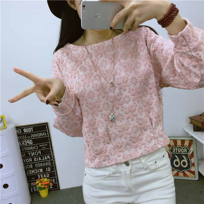 韩版2016春季新款时尚植绒立体花朵宽松收腰粉色长袖小衫上衣卫衣