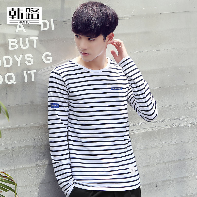 秋季新款韩版男式长袖黑白条纹T恤 海魂风纯棉男生条纹T恤秋装衫
