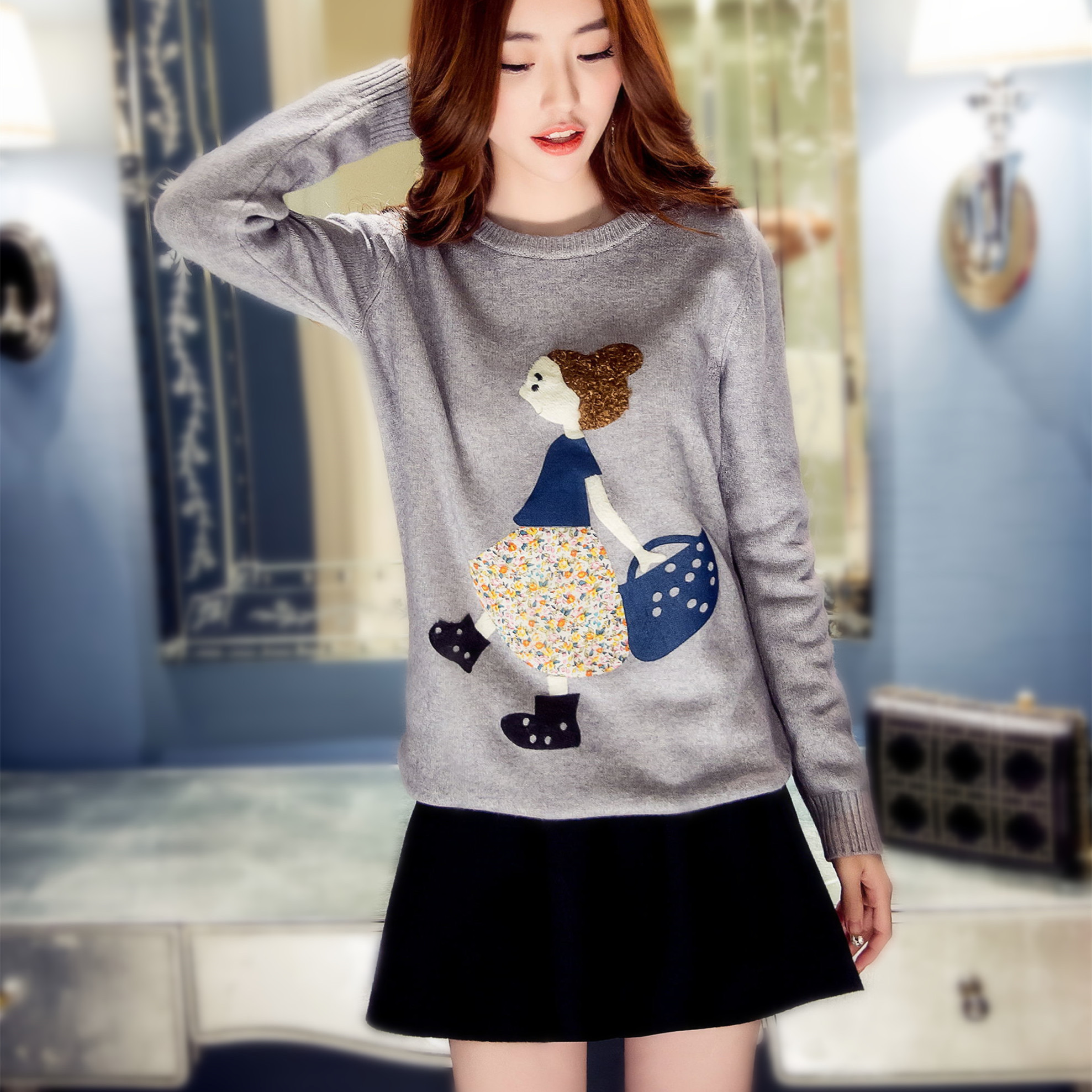 2015秋冬季新款韩版修身长袖中长款圆领厚针织打底衫套头毛衣 女