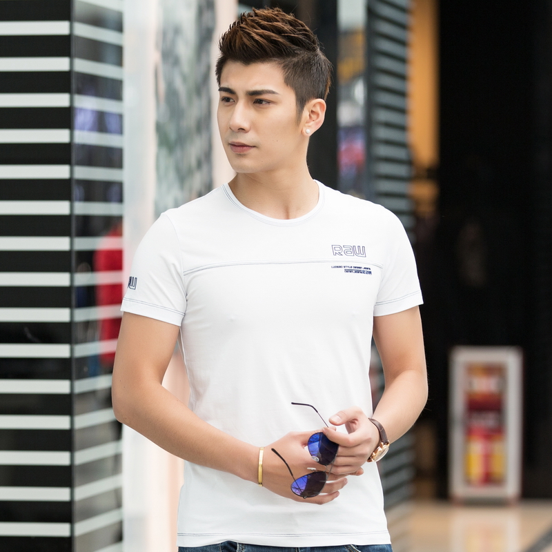2015新款男装修身圆领T恤 韩版印花 时尚男士打底衫