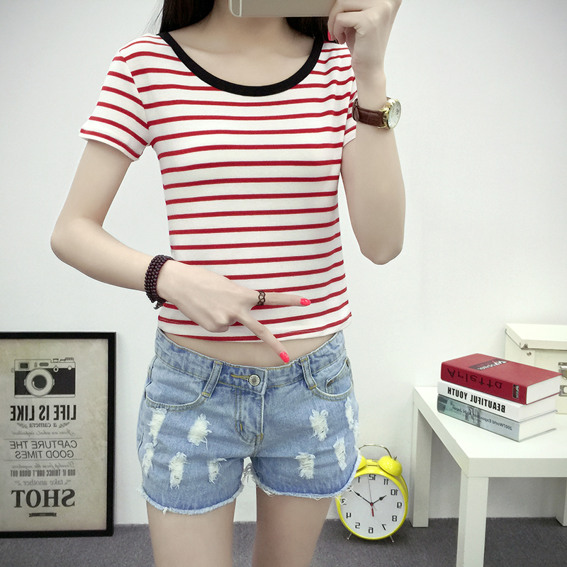 夏季韩版新款短袖女装T恤条纹圆领露脐短款上衣修身学生打底衫