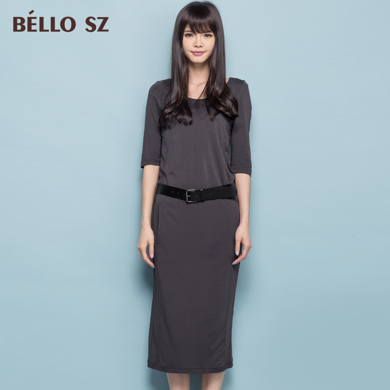 品牌bello sz2015夏季新款女装修身显瘦圆领五分袖长裙高腰连衣裙
