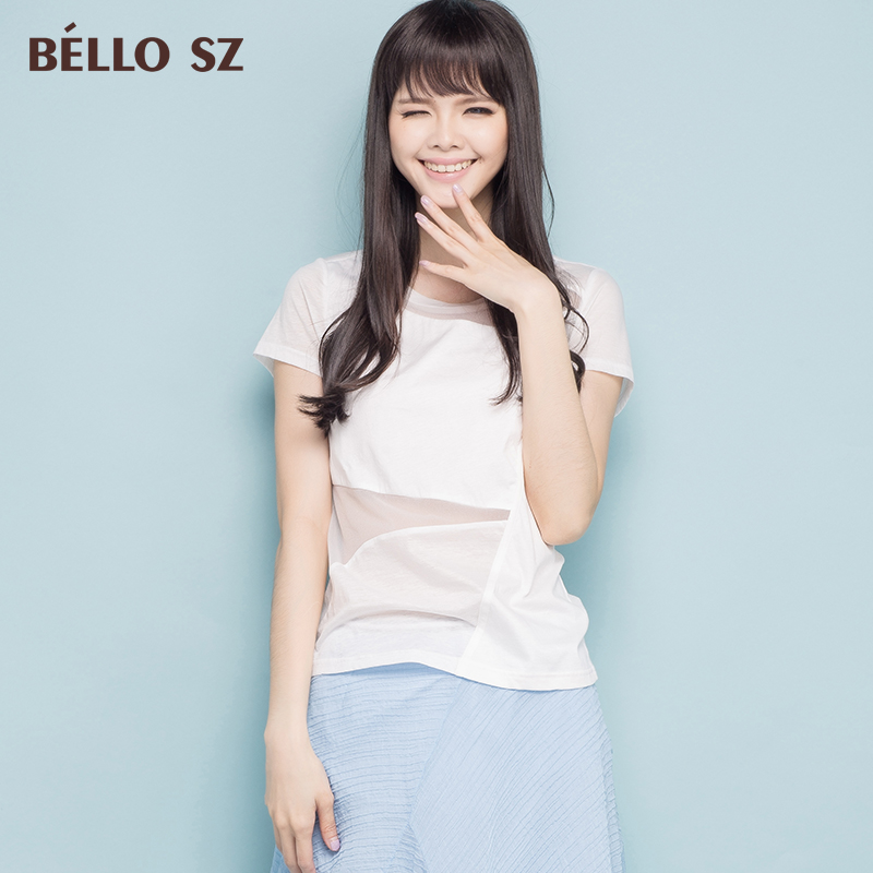 品牌bello sz贝洛安2015夏装新品时尚圆领短袖休闲透视拼接T恤女