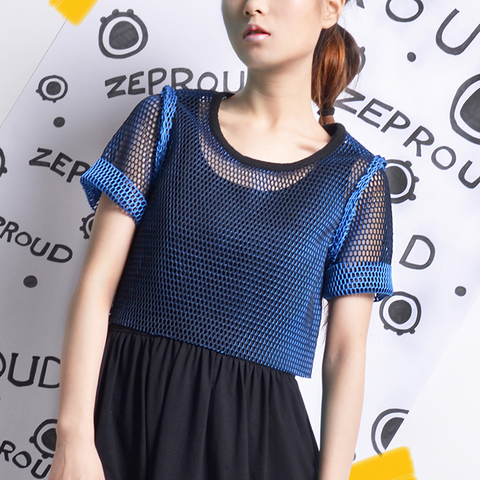 知布了ZEPROUD2015夏款双色面镂空网眼女短款短袖t恤原创设计