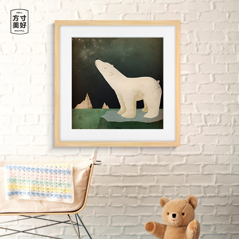 可爱北极熊房间装饰画儿童房挂画男孩卧室床头画咖啡厅三联有框画