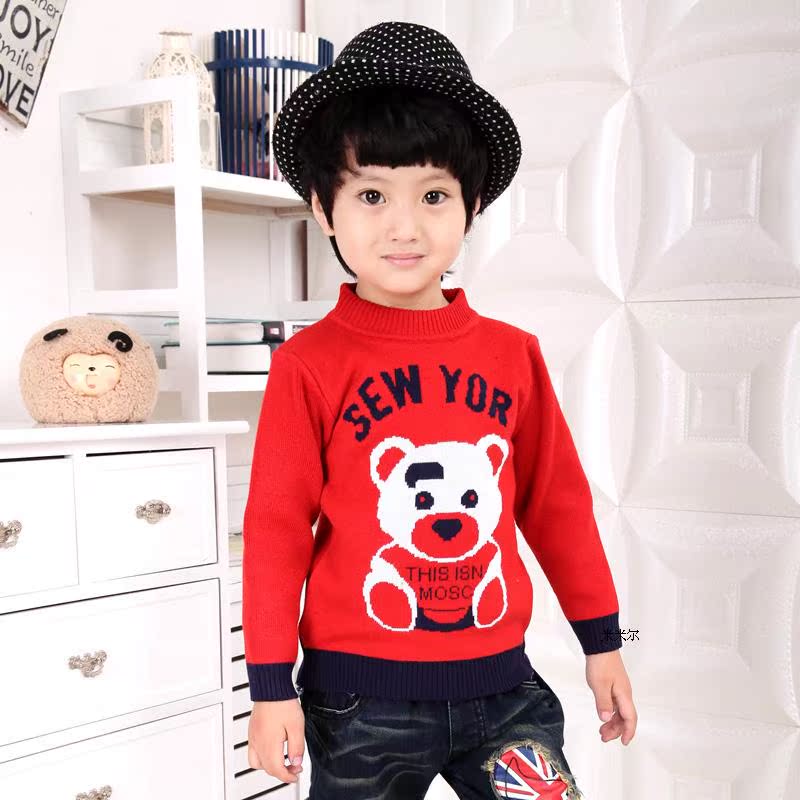 2015新款男童毛衣 韩版小熊卡通版 长袖圆领毛衣 小童套头衫