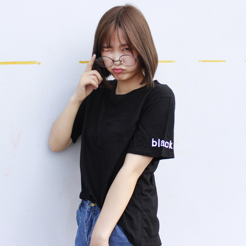 GL 韩国定制2015夏季新款女 黑白字母刺绣宽松竹节棉大码短袖T恤