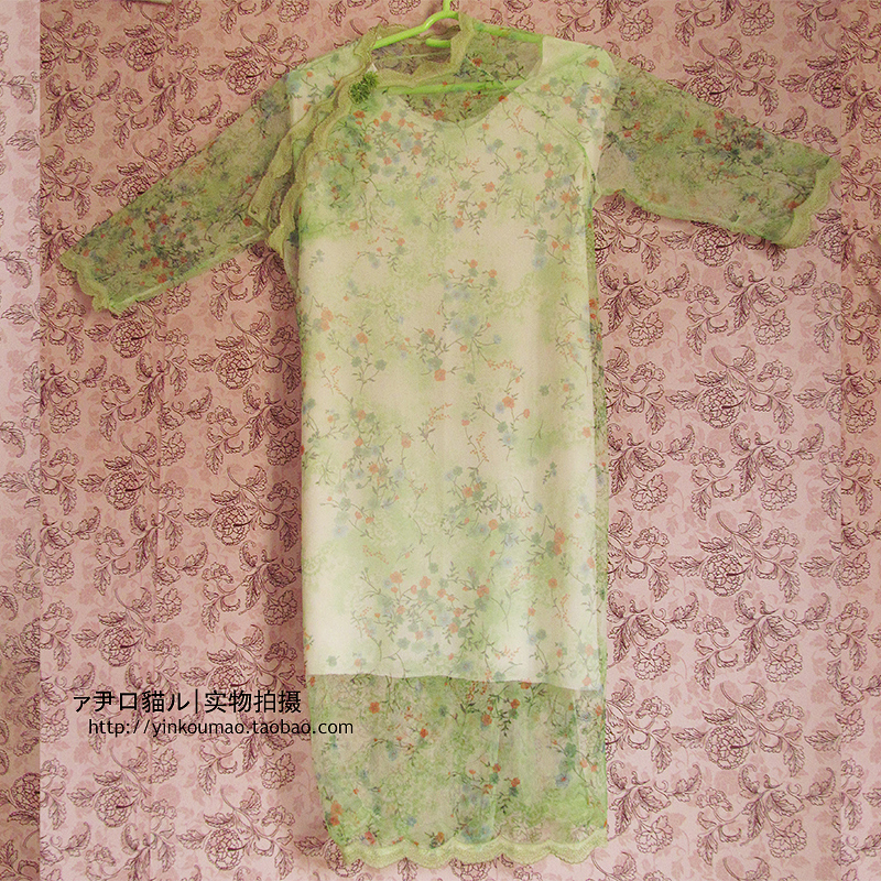 尹口猫独家设计 绿色碎花 蕾丝网纱 花朵系带 连衣裙 复古旗袍