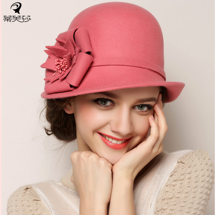 2016秋冬季新款澳洲羊毛呢卷边花朵帽女 户外时尚圆顶小礼帽盆帽