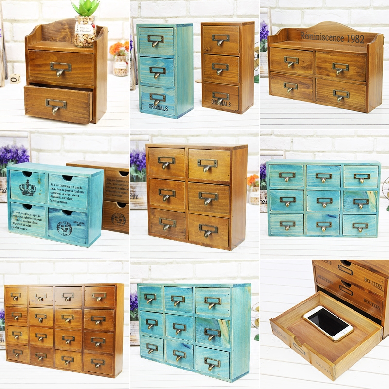 包邮zakka杂货做旧复古木质盒子三抽屉桌面收纳3抽屉储物盒整理柜