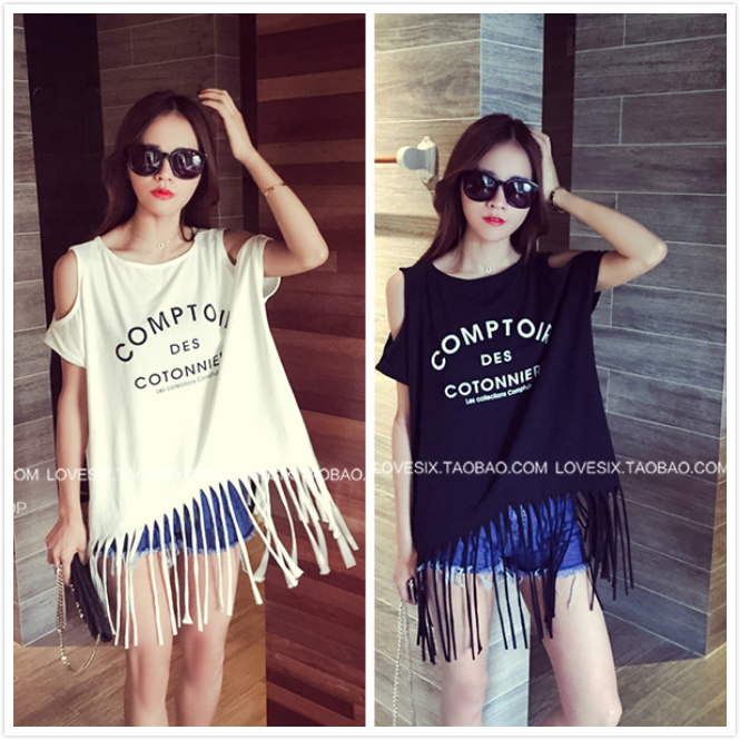 2015夏装新款韩版女装宽松上衣蝙蝠袖露肩英文字母下摆流苏T恤女