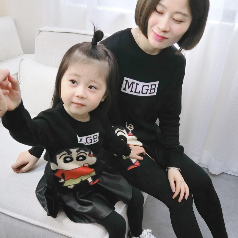 亲子装秋装2016韩版新款一家三口针织衫蜡笔小新母女装套头毛线衣