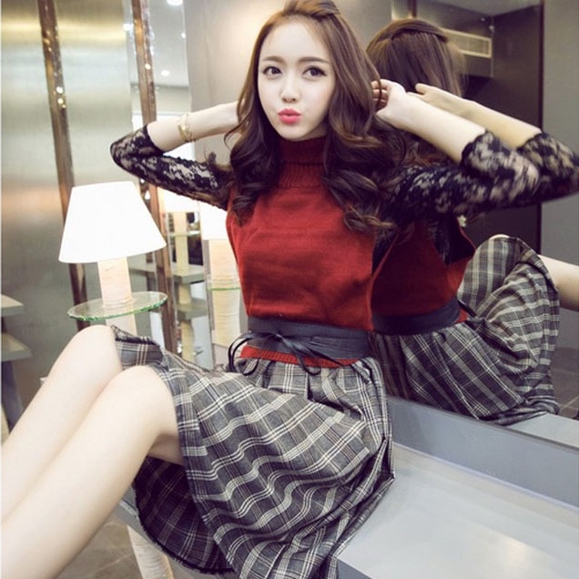 新款韩版学院风蕾丝镂空拼接针织格子长袖连衣裙褶皱裙两件套女潮