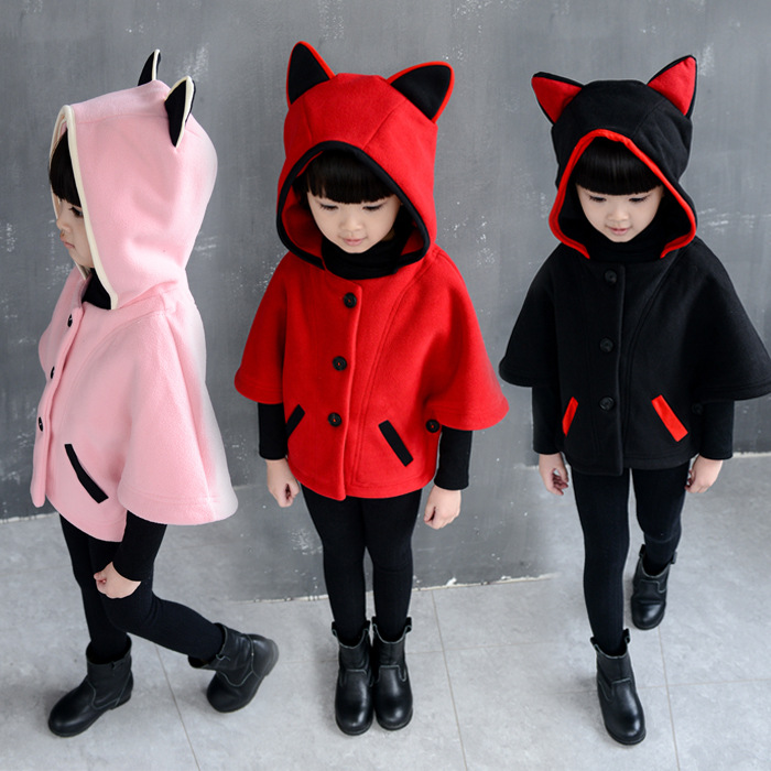 女童斗篷外套秋冬装小狐狸造型韩版宝宝儿童连帽蝙蝠衫加厚上衣潮