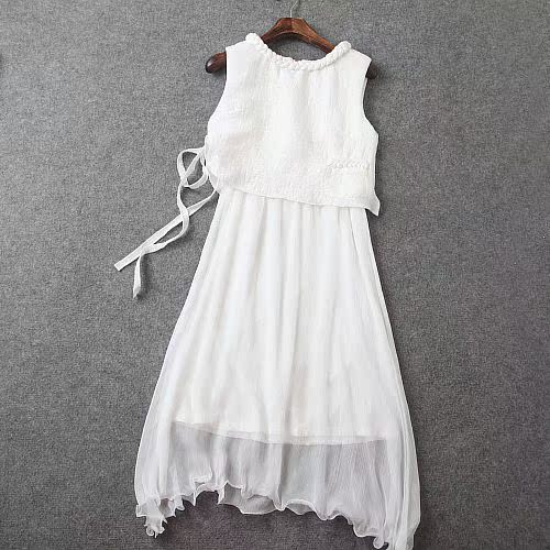 欧洲站2015欧美时尚系带小香风假两件白色显瘦中长款连衣裙夏季女