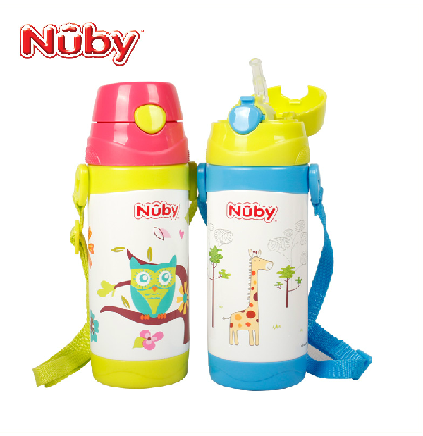 Nuby/努比 新款宝宝儿童360ml 不锈钢真空按键式保温背带吸管杯