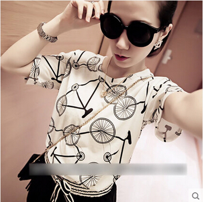 夏装韩版卡通印花大码女装单车宽松短袖T恤衫