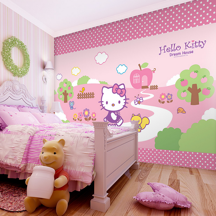 卧室儿童房KTV背景墙卡通墙纸环保粉色凯蒂猫hellokiti猫无缝壁画