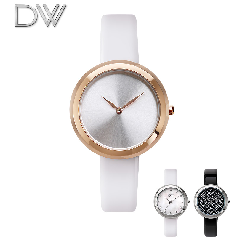 DW 新款超简洁 复古水钻女表 女士简约真皮带手表 简洁女表 腕表