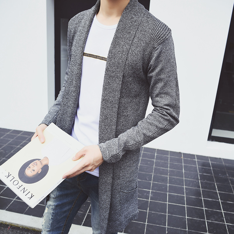 2016秋季韩版男士薄外套日系修身中长款开衫风衣无扣男针织衫毛衣