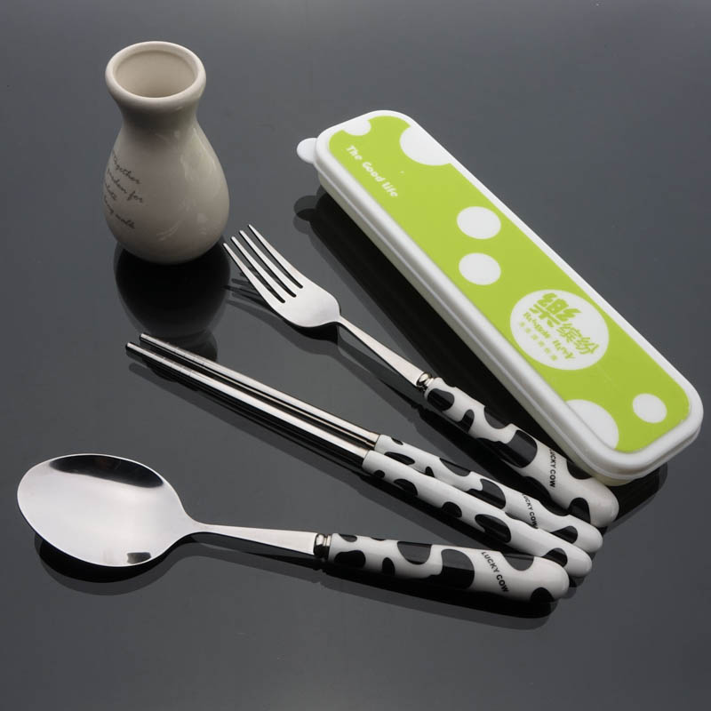 不锈钢筷子勺子叉子奶牛纹套装 学生便携式餐具三件套 儿童餐具盒