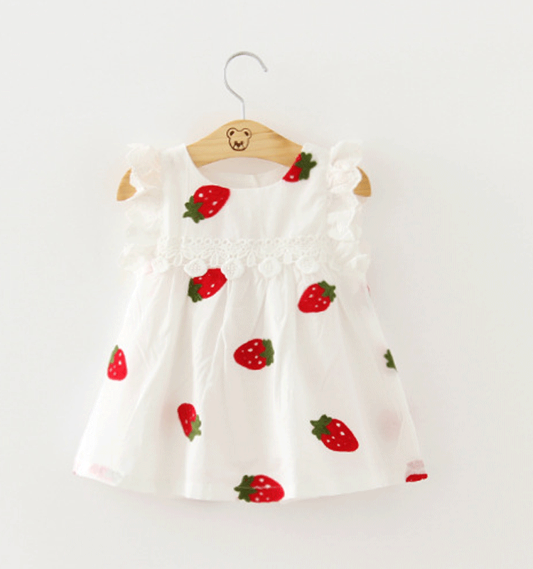 2015新款夏季草莓刺绣纯棉飞袖连衣裙 0-1-2-3岁女童公主裙娃娃衫