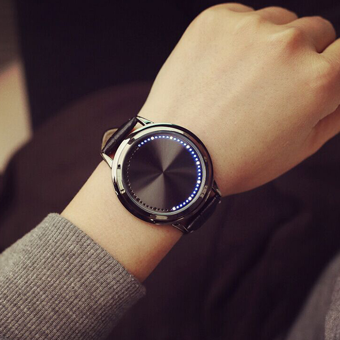 创意概念个性圆形真皮带手表男学生韩版智能触屏简约情侣手表一对