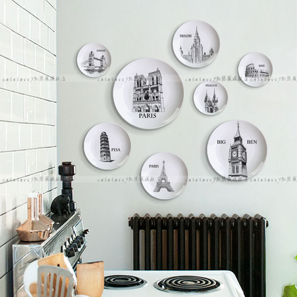 8英寸城市剪影装饰画盘客厅餐厅书房壁挂盘盘子墙陶瓷盘艺术盘