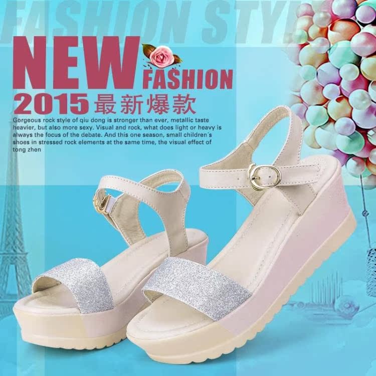 2015夏季新款纯色露趾坡跟时尚韩版水钻性感女凉鞋一字式扣带凉鞋