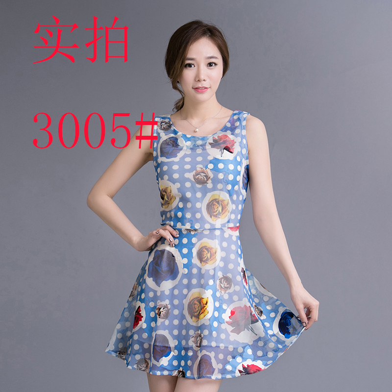 2015夏季新款 数码印网纱 无袖收腰连衣裙