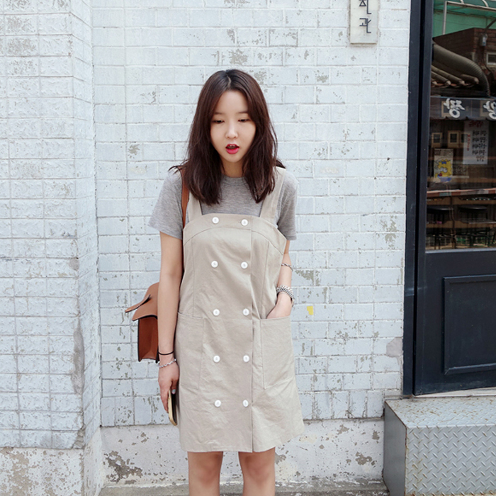 2016夏装韩版a型双排扣背带连衣裙女中长款无袖背心裙