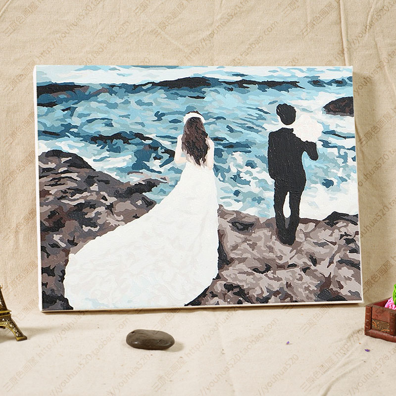 自油自画数字油画人物情侣结婚画diy手绘客厅装饰画今生共相伴