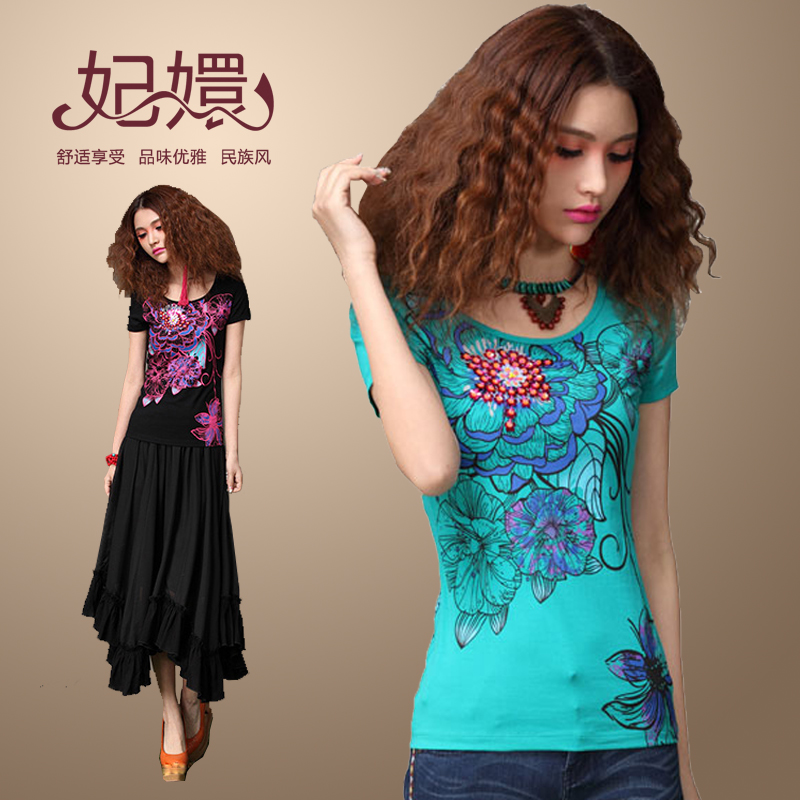 2015新款民族风短袖t恤女装夏中国风纯棉修身大码3D印花订珠上衣