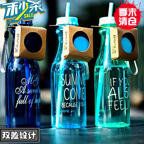 品高韩版创意双盖可乐瓶带吸管塑料水杯男女生便携简约学生随手杯
