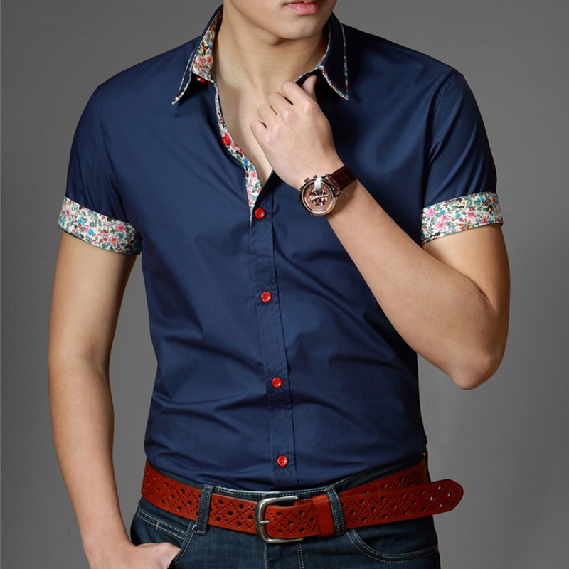 2015年夏季新款 潮流韩版商务时尚修身纯色花边纯棉男士短袖衬衫