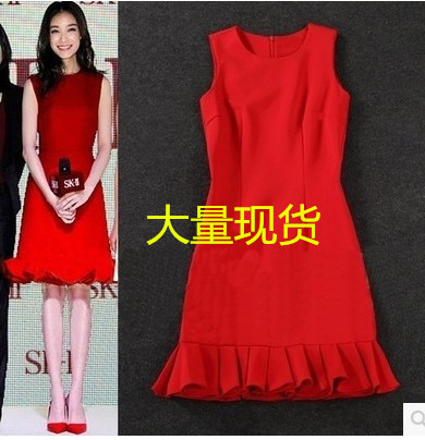 红色连衣裙 明星同款韩版红色收腰无袖背心连衣裙鱼尾裙