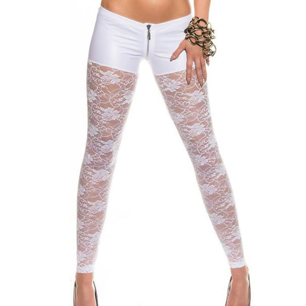 2016年新款白色低腰拉链式镂空蕾丝拼接印花性感弹性打底裤79880
