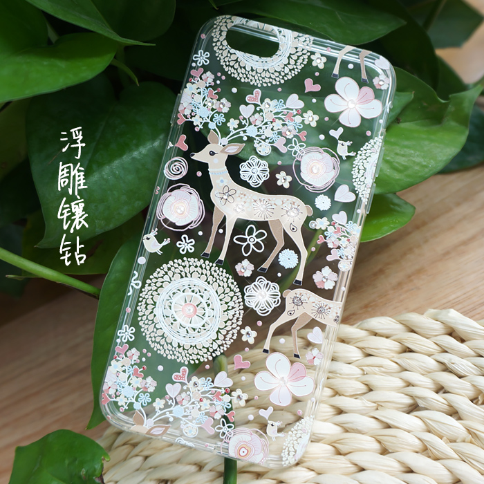 秘密花园风小鹿iPhone6/Plus手机壳套浮雕镶钻苹果i6P水钻硅胶5s