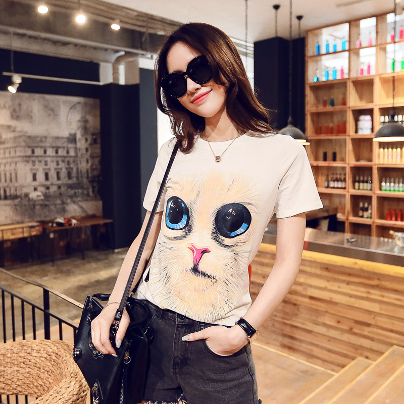 2015年夏季新款卡通猫咪大眼睛圆领修身韩版棉T恤 上衣女打底衫
