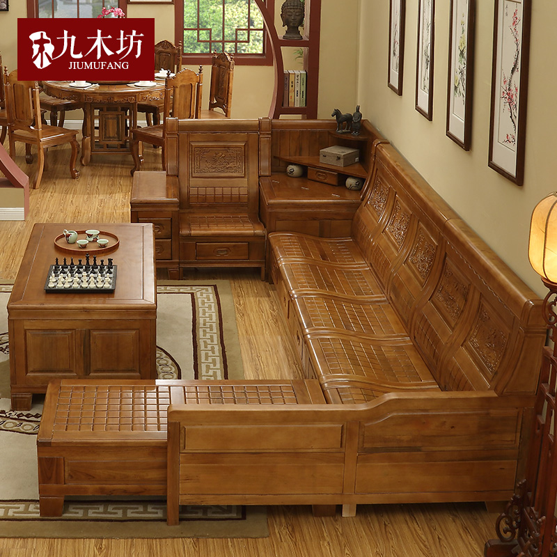 香樟木沙发全实木沙发组合多功能转角储物新中式仿古雕花客厅沙发