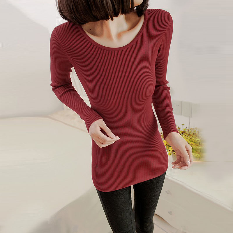 2015秋冬季女装韩版新款 修身显瘦纯色中长款圆领长袖针织打底衫