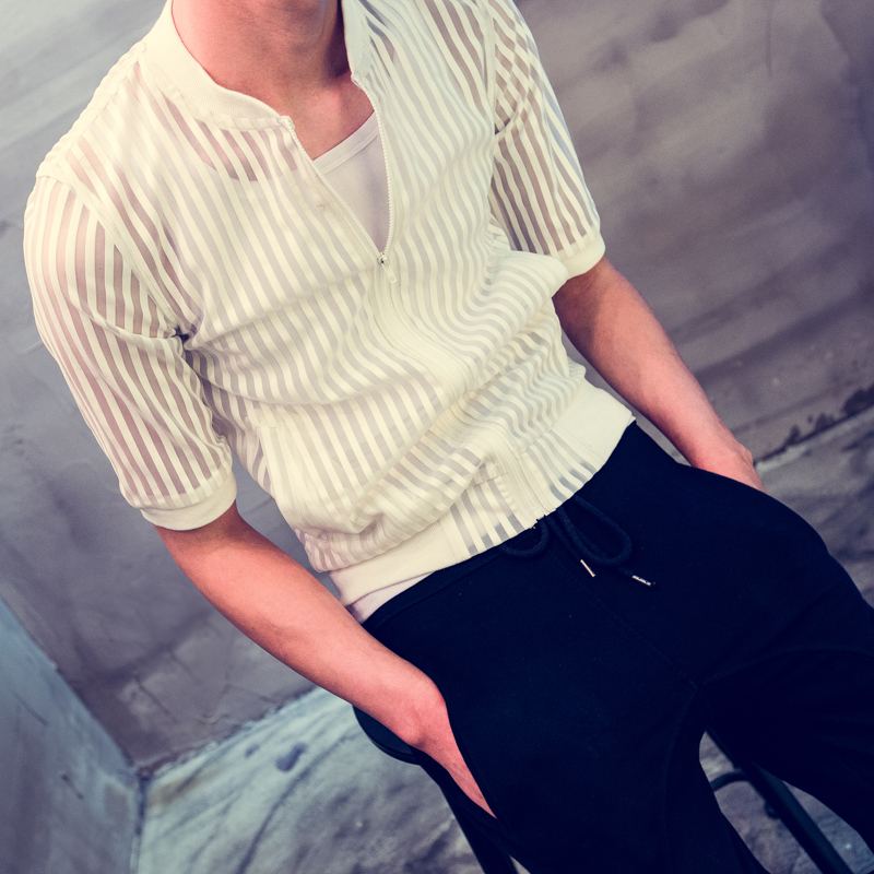衣豹夏季男士短袖衬衫韩版修身个性超薄防嗮衣服时尚个性开衫外套