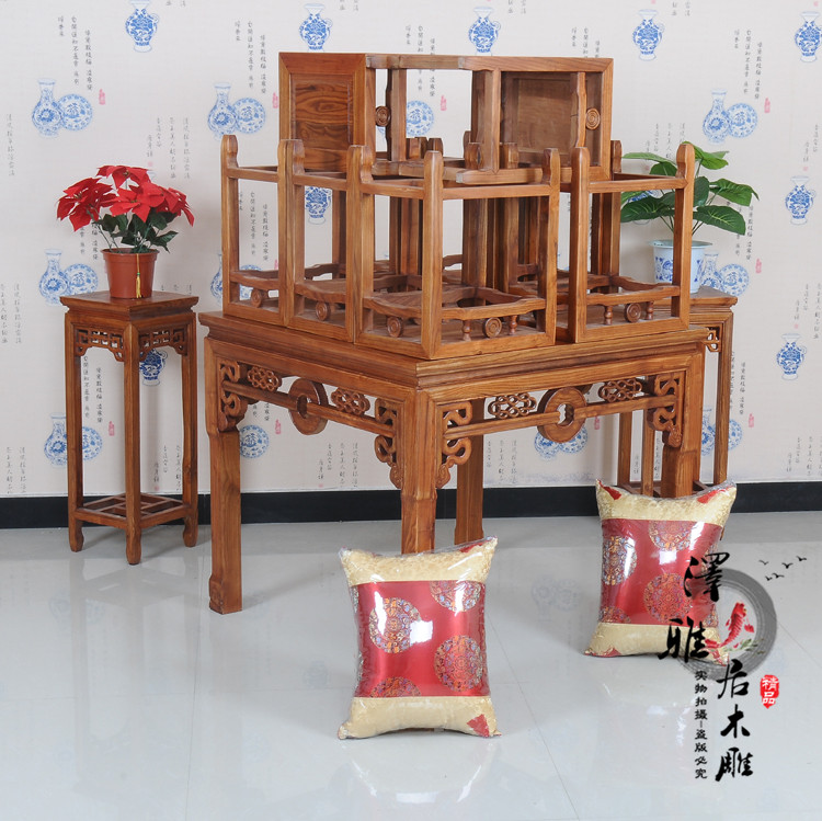 中式明清古典桌椅 仿古家具实木餐桌 小方桌 原木八仙桌 铜钱餐桌
