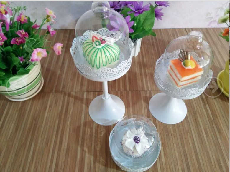 包邮欧式蕾丝点心架铁艺cupcake专用蛋糕盘带玻璃罩小蛋糕架