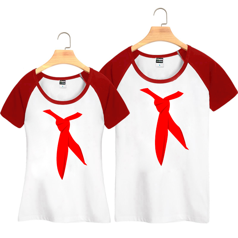 2015情侣装t恤红领巾印花短袖学生装演出服半袖T恤纯棉印花上衣潮