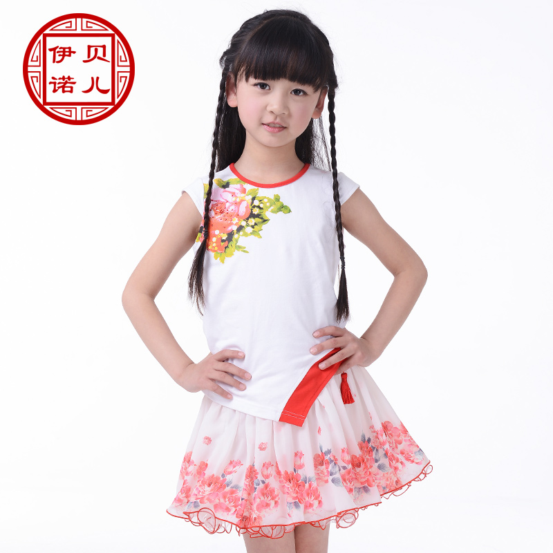 Enoubail伊诺贝儿女童装2015儿童中国风圆领纯棉拼接印花T恤