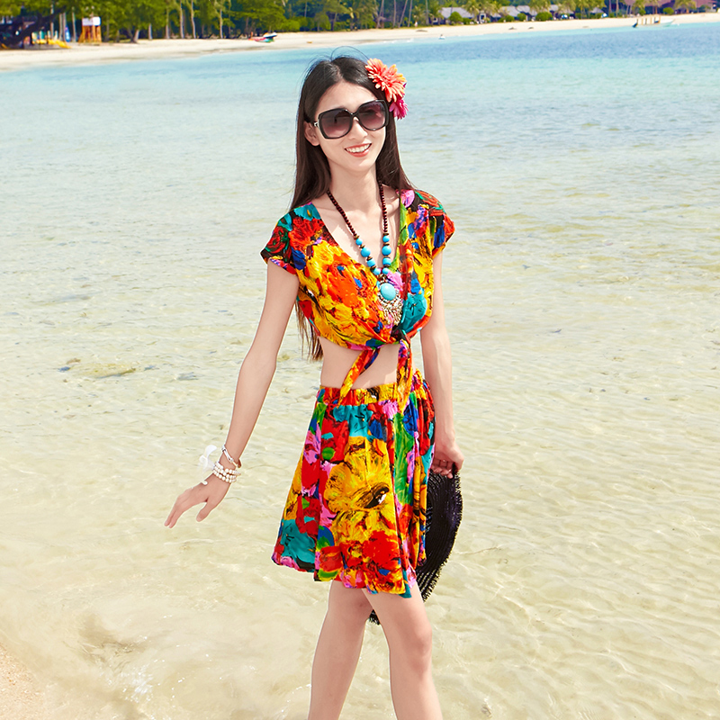 夏季艺术印花连衣裙套装海边度假短裙波西米亚海滩裙短款沙滩裙子