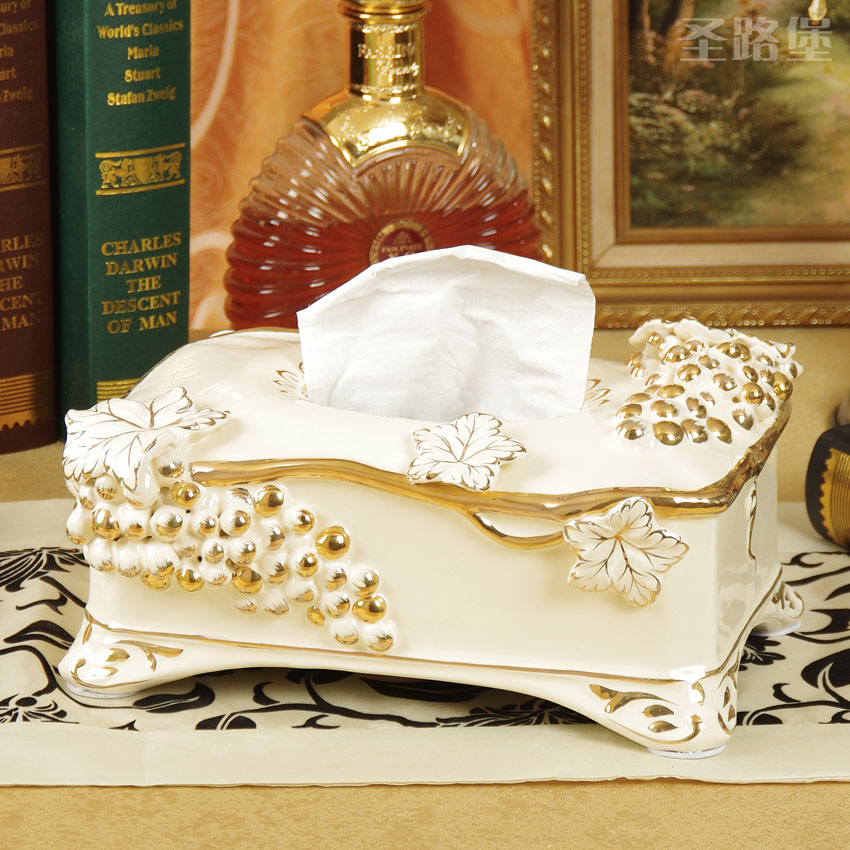 圣路堡原创浮雕鎏金欧式高档陶瓷纸巾盒 客厅装饰纸巾收纳盒摆件