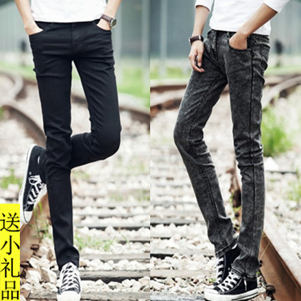 夏季韩版紧身薄款潮流时尚修身型男士黑灰雪花牛仔裤小脚长裤瘦腿